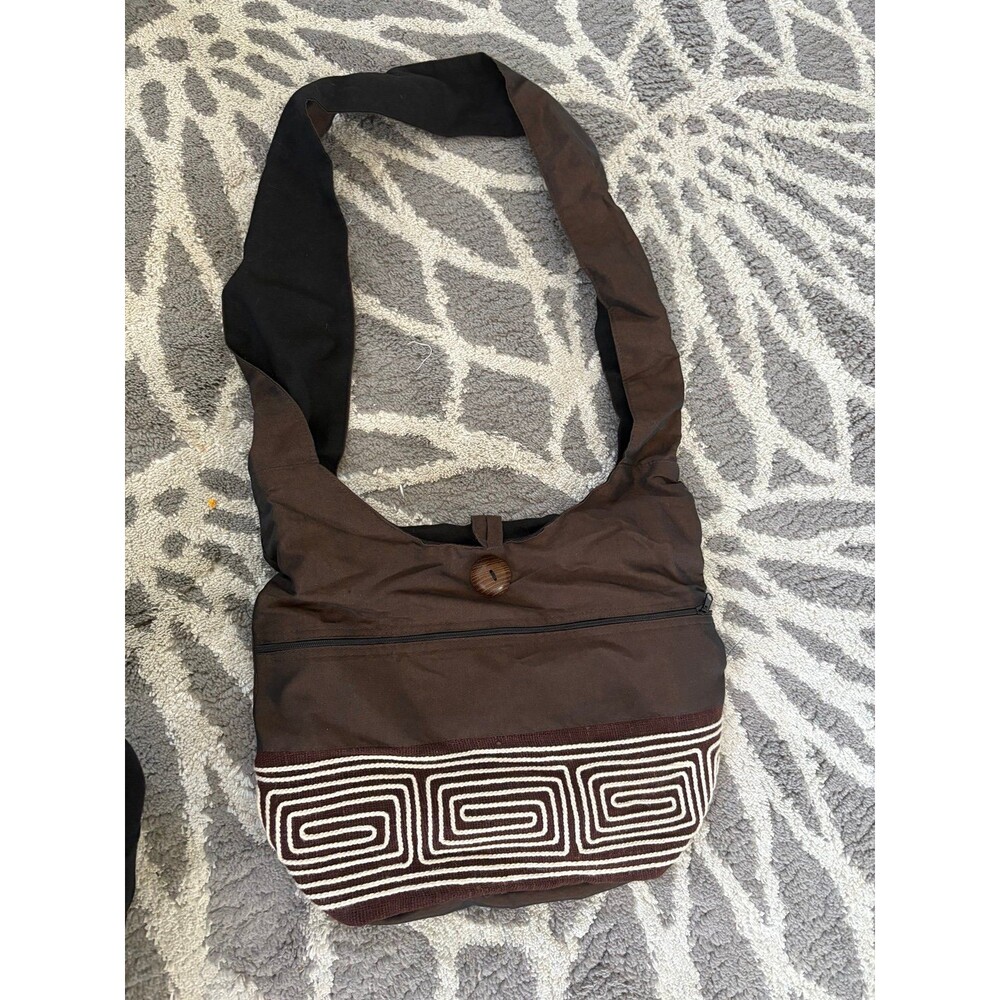 Brown Crossbody Fabric Bag with Linear Design and Wooden Button Details